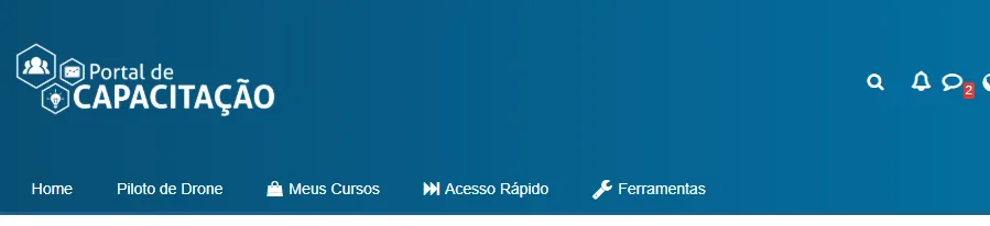 Menu superior do Portal de Capacitação da ANAC com as opções Home, Piloto de Drone, Meus Cursos, Acesso Rápido e Ferramentas
