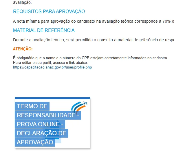 Aviso do portal da ANAC informando que é obrigatório ter nome e CPF corretos no cadastro, com o link para editar o perfil