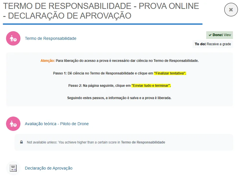 Bloco do curso mostrando o Termo de Responsabilidade concluído e a Avaliação teórica ainda bloqueada por cadeado