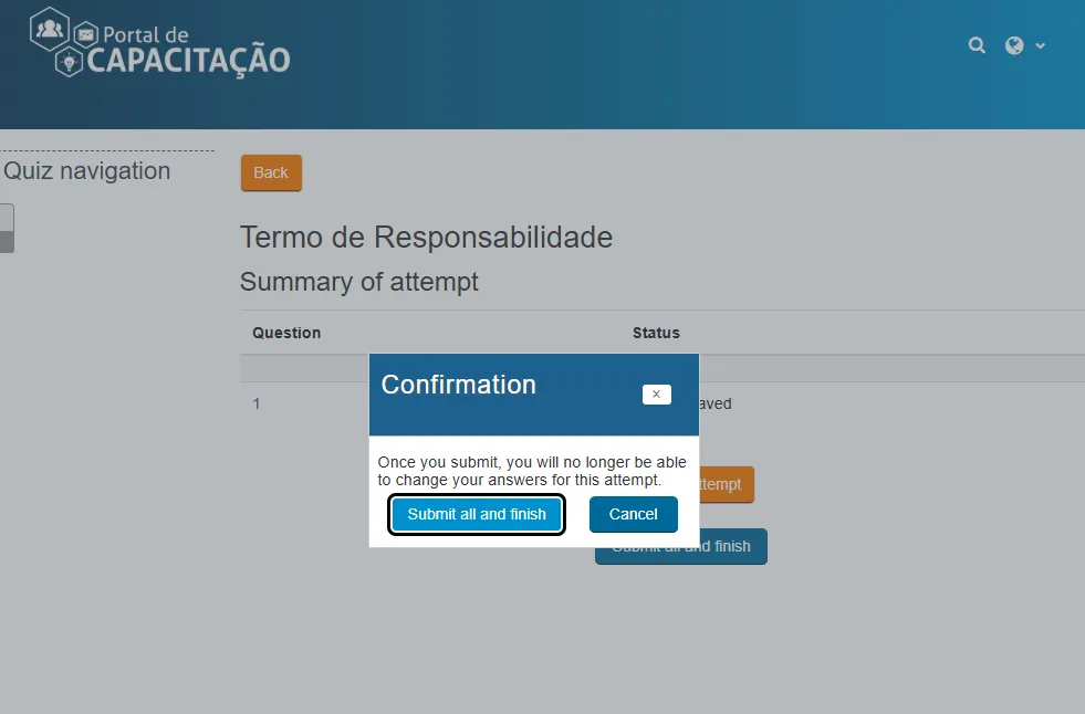 Caixa de confirmação com o aviso de que após o envio não é possível alterar as respostas, com os botões Submit all and finish e Cancel