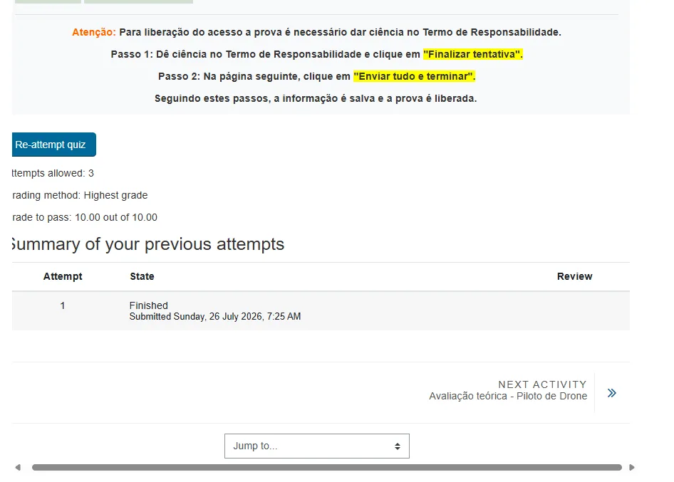 Rodapé da página do termo concluído, com o link Next activity apontando para Avaliação teórica - Piloto de Drone