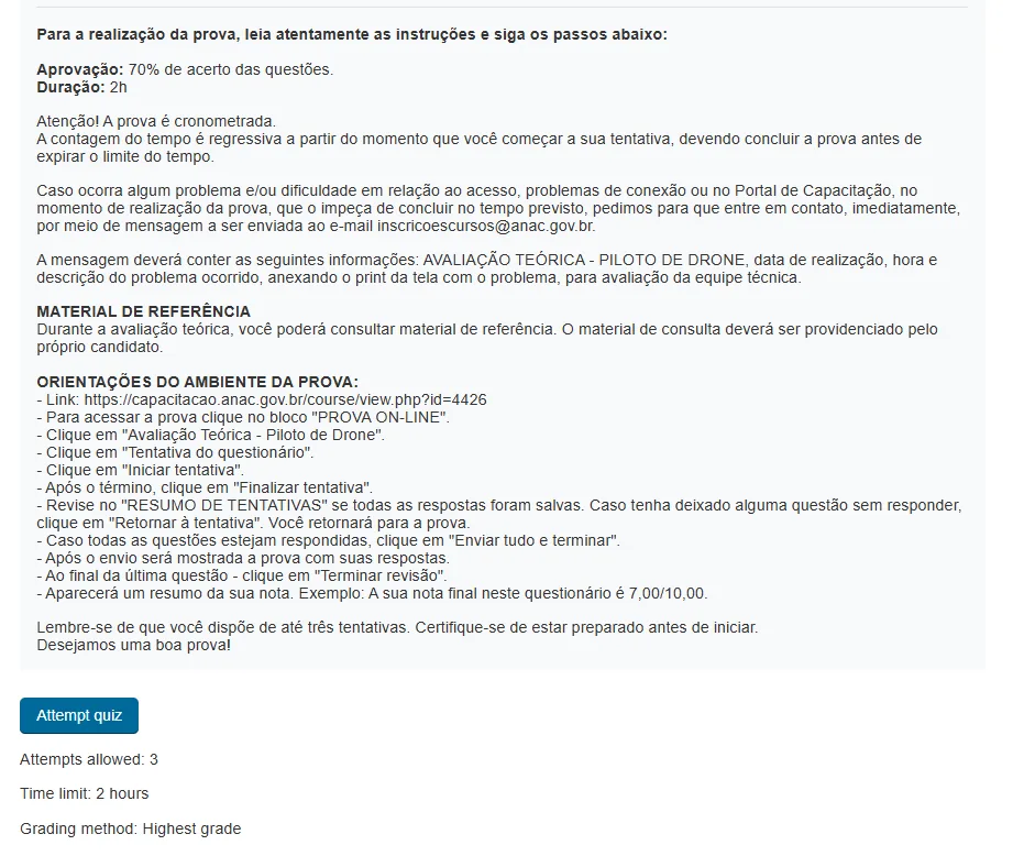 Tela com as orientações oficiais do ambiente da prova da ANAC e o botão Attempt quiz, mostrando três tentativas e limite de 2 horas