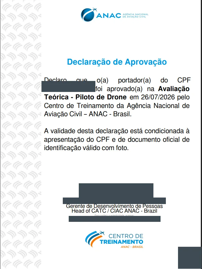 Modelo da Declaração de Aprovação da ANAC, com CPF, assinatura, número do certificado e QR code tampados